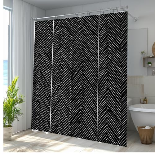 Rideau de douche rustique à rayures noires et blanches 160x160cm - 3