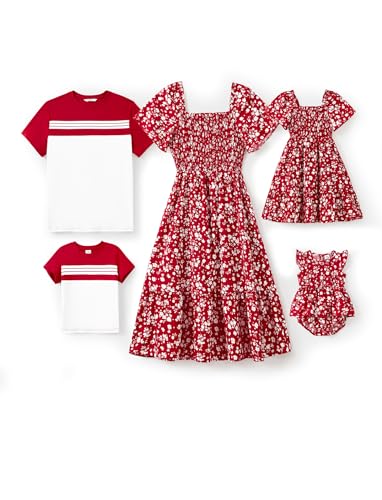 Image of PATPAT Family Matching Outfits Mommy and Me Dresses Floral Dress & T-Shirts | Mommy and Me Easter Dresses, Puff Sleeve Floral Sundress, Cotton Blend T-shirts, Couples Party Wedding Vacation Outfits