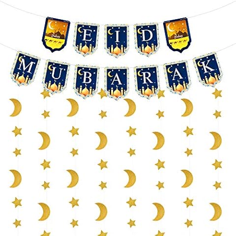TUPARKA Eid Mubarak Banner Ramadan Dekorationen, Mondsterne Girlande für Eid Festival Party Dekoration, Gold Glitter Ramadan Kareem Dekorbedarf Cover