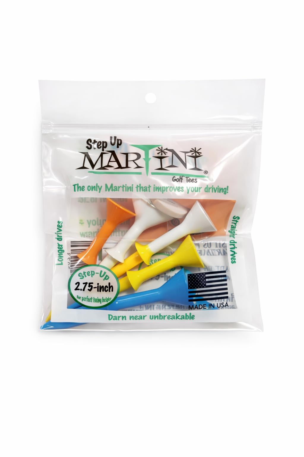 Martini Midsize Step‑Up 2.75" Golf Tees for Driver, Consistent 1 3/8" Height Above Ground, Durable Polymer Resin, Large Cup Placement Ease, Straighter