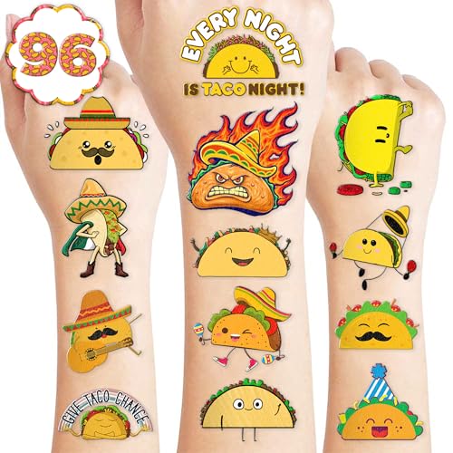 96 PCS Taco Bout Love Birthday Party Decorations Favors Supplies Pre-Cut Temporary Tattoos Decor Mexican Fiesta Taco Twosday Tuesday Stickers For Boys Girls Gift School Prizes Rewards