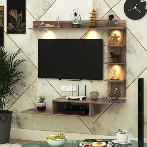 Image of Wintor Engineered Wood Wall Mounted TV Unit with 4 LED Lights, 3 Open Shelves, 1 Storage Box & Decorative Display Shelf for Living Room | Ideal for Upto 43 Inch TV- CoachWood(DIY Assembly)
