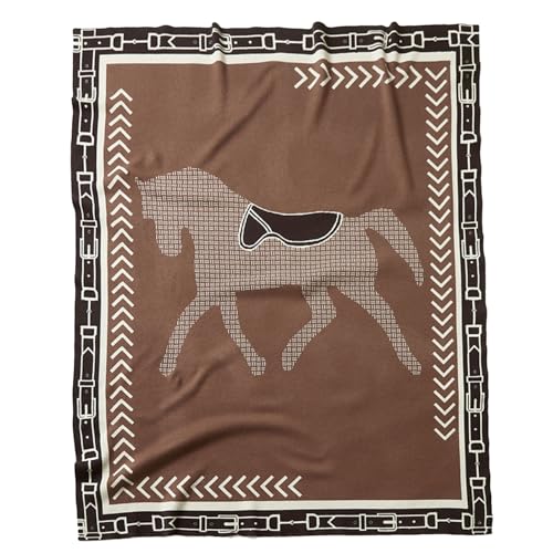 Horse Pattern Knit Throw Blanket – Soft Jacquard Decorative Couch Blanket with Equestrian Saddle Design, Cozy Lightweight Sofa/Bed Blanket for Home Décor(Brown)