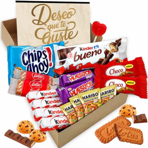 Coffret cadeau original con 17 chocolates Kinder Bueno, cartes Kinder, chocolate Kinder, Twix, Mars, Huesitos, galleta Lotus Biscoff et bien plus encore · Avec carte personnalisée