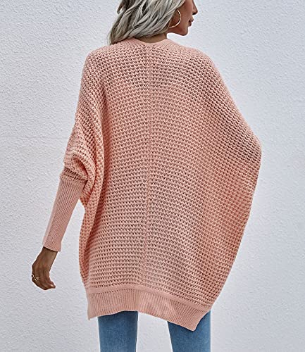 Image of Women's Waffle Cardigan Ribbed Cuffs Open Front Knit Sweater Batwing Long Sleeve Casual Loose Chunky Coat Outwear(S,pink2)