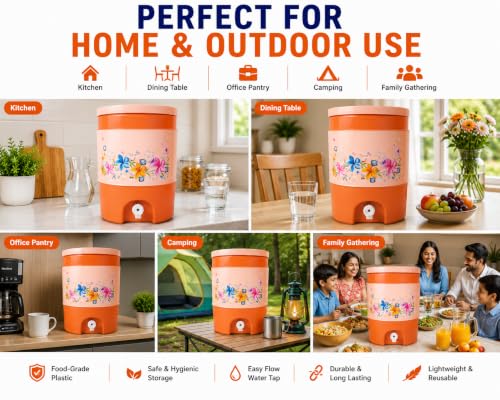 Image of Plastic Water Jug | Food Grade | Insulated Water jug Cool Chilled Water Camper jar (Orange & Cream, 15 litres)
