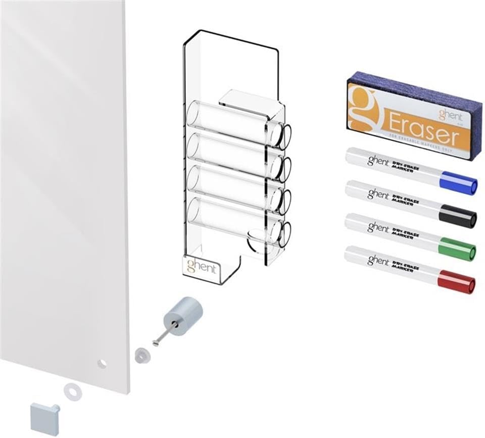 Pemberly Row Glass Magnetic Board, 48" x 96", White Back with Radius Corners, Tempered Recycled Glass, Non-Porous Stain-Resistant Surface, Includes Markers, Eraser, Magnets, Office/Home Use