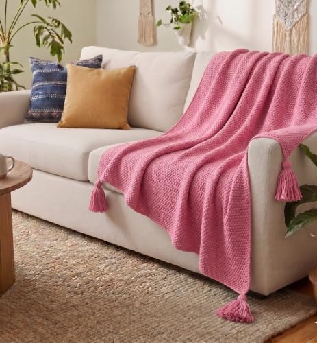 Image of Furnistitchs Plain Solid Knitted Sofa Throw Blanket 50x60 inches / 125x150 cms| Cotton Plain Knit with Tassels | Aesthetic Bohemian Decorative Couch Throws for Living Room & Bedroom (Pink)