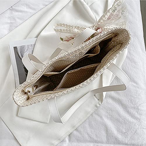 Women Large Straw Beach Tote Bag Summer Hand-woven Bags Shoulder Bag Leather Handle Beach Handbags with Cute Lace Bow Small (White)4