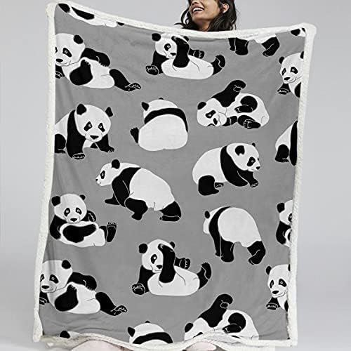BlessLiving Kids Panda Bear Throw Blanket for Boys and Girls, Grey, Cute Panda Animal Printed Soft Plush Fuzzy Throw Sherpa Lined Fleece Bed Blanket (Travel/Single (130x150cm))