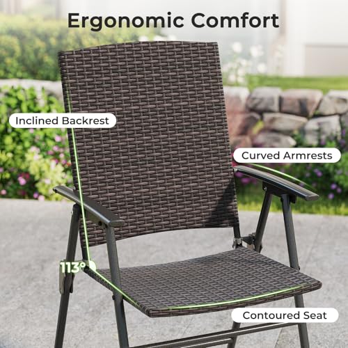 Image of Tangkula Outdoor Folding Chairs Set of 2, Patio PE Wicker Dining Chairs with Armrests and Metal Frame, Portable Lawn Chairs for Garden, Porch, Balcony and Camping, Fully Assembled (1, Mix Brown)