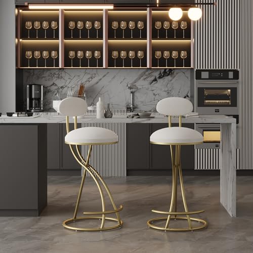Set de 2 Butacos de Barra Modernos Altura de Mostrador, Color Dorado y Blanco Crema | Tapizados en Terciopelo, con Respaldo y Sin Brazos, para Hogar, Pub, Cocina, Isla y Bistro miniatura 4
