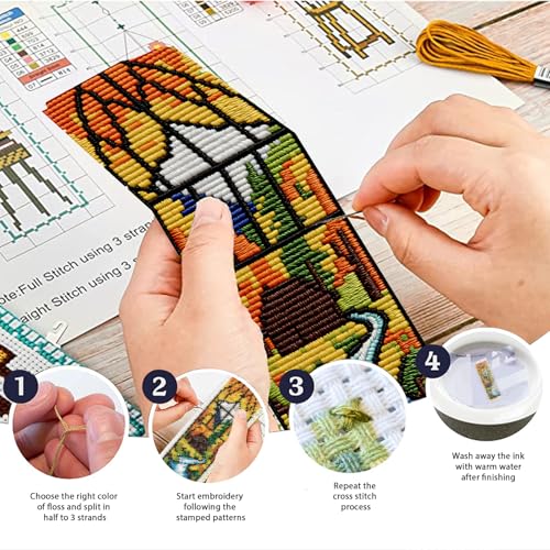 Image of ACRNIGHEET 6PCS Cross Stitch Kits Stamped Cross Stitch Bookmark Kit for Beginner Adults Window View DIY Embroidery Bookmark Kit Needlepoint Kits with Instructions Book Lovers Craft Gift 8.5''x3'' 11CT
