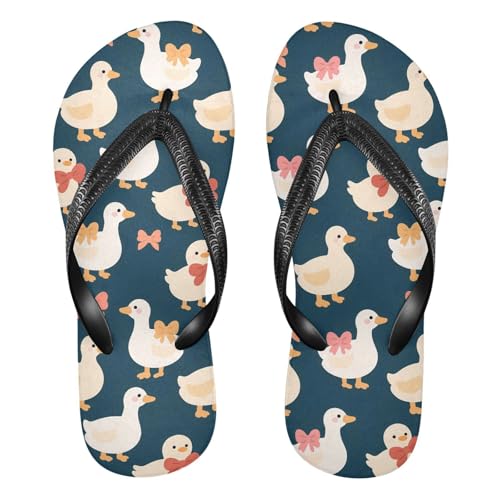 ALAZA Cute White Ducks Bow Flip Flops for Women Fashion Beach Slippers Comfort Mens Flip Flops Non-Slip Rubber Shower Slippers Sandal for Hotel Travel Sport,XS