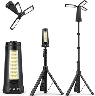 12000mAh LED Campinglampe Aufladbar mit Stativ, 5000LM Baustrahler LED Akku Dimmbare & 5 Modi, Teleskopstativ, Hängende Camping Lampe Akku Strahler für Garage Notfälle Baustelle, Schwarz
