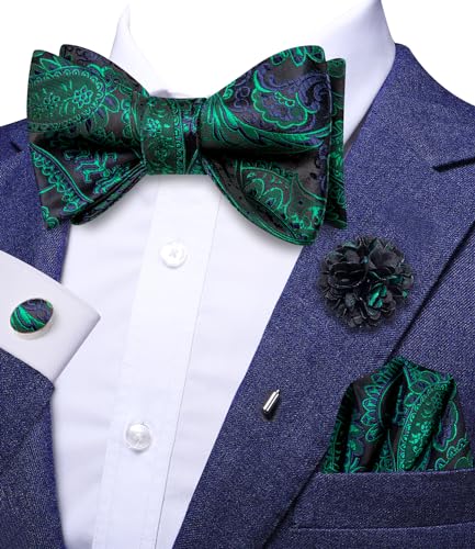 Image of Dubulle Self Tie Bow Ties and Lapel Pin for Men Paisley Solid Mens Bowtie and Handkerchief Cufflinks Set Wedding
