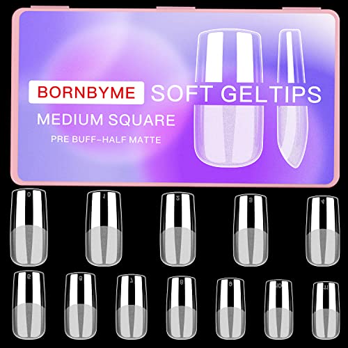 Medium Square Soft Gel Nail Tips, Bornbyme 600Pcs Pre Buff Full Cover Shaped Nail Extenison Tips Half Matte Gel X Nail Tips Acrylic False Nail Tips #TOP6