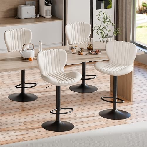 Image of Shintenchi Bar Stools Set of 4 Modern Swivel Bar Chairs, Counter Height Faux Leather Metal Barstools, Upholstered Island Chairs with Back and Footrest, Beige