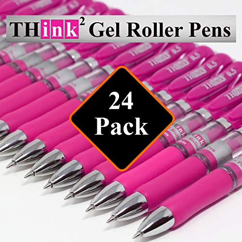 Image of [24 Pens - Pink Ink] Think2 Retractable Gel Pens. (24 Pink) Fine Point (0.5mm) Rollerball Pens with Comfort Grip.