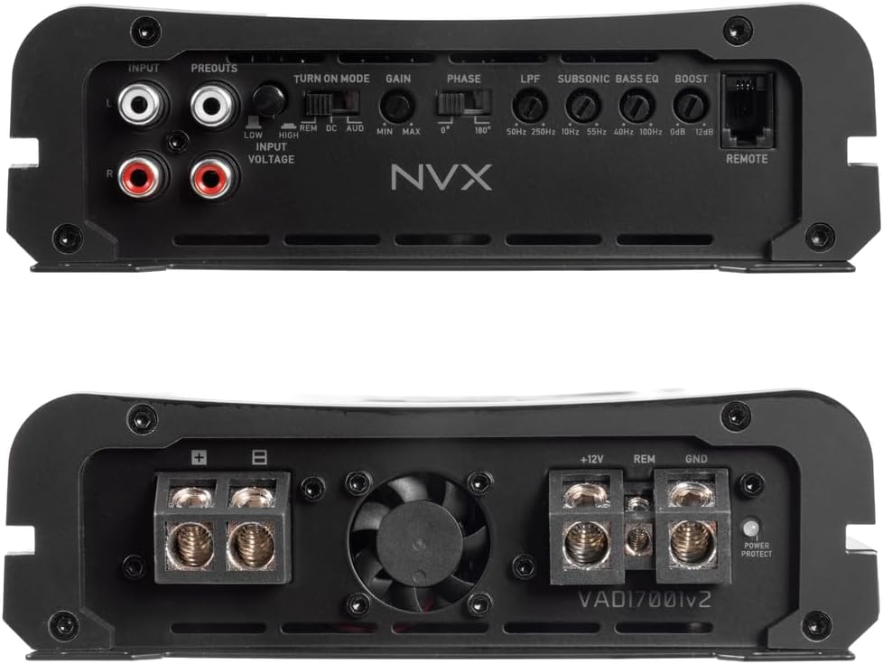 NVX VAD17001v2 3400W Peak / 1700W RMS Class D Monoblock Amplifier – Marine Certified, Bass Remote, 1/2/4-Ohm Stable, Car/Marine/UTV/Truck Audio