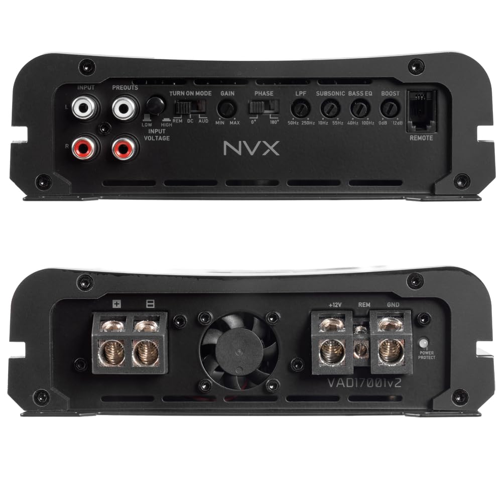 NVX VAD17001 - Amplificador monobloque 1-Ch Clase D 3400 W máximo, 1700 W RMS de alta potencia, 1/2/4 ohmios, estable de paso bajo, impulso de graves, perilla de graves de subwoofer remoto, para