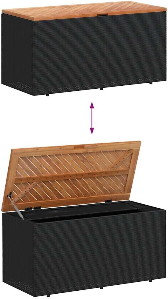 vidaXL Patio Storage Box/Outdoor Bench - PE Rattan/Acacia Wood, Black/Brown, 43.3"x19.7"x21.3"