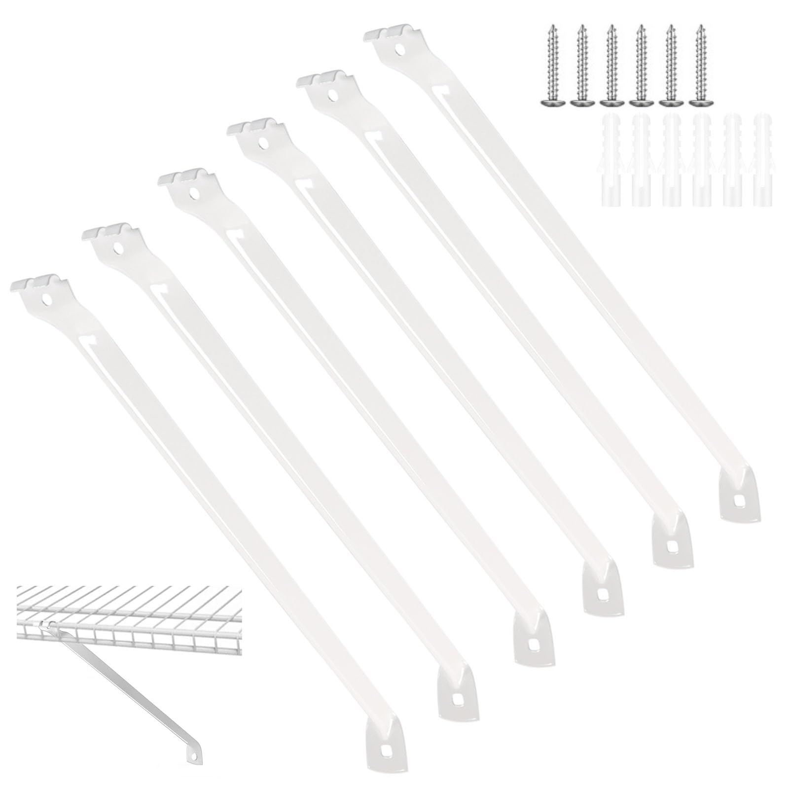 6 pcs 16 inch support brackets for wire shelving, wire shelf brackets closet shelf brackets with anchors and pins for installation wire shelving support brackets for support closet wire (16 inch)