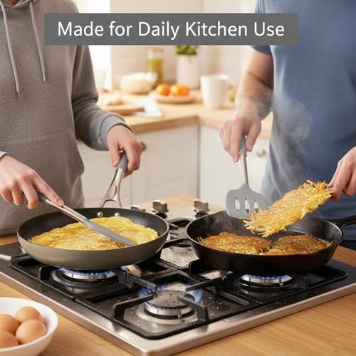 Image of Signamio Silicone Spatula and Turner Set of 2 with Steel Handle - Non-Stick Pan Compatible for Cooking, Baking, and More - Durable for Kitchen Use-Grey