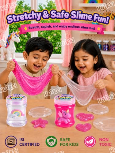 Image of HOTKEI Unicorn Dream Slime for Kids 3 to 10 Years Stretchable Slime with Surprise Cute Unicorn Eraser Inside Soft Non-Sticky DIY Slimy Fun Toy Birthday & Return Gift for Kids Girls & Boys Pack of 4
