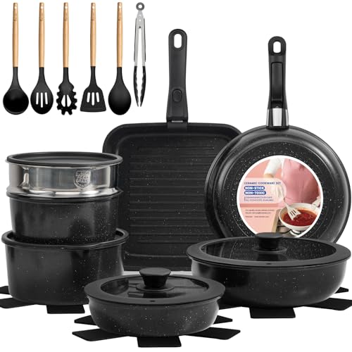 KIKCOIN Ceramic Nonstick Pots and Pans Set - Cookware Set with Detachable Handle - 25 Pack Stackable...