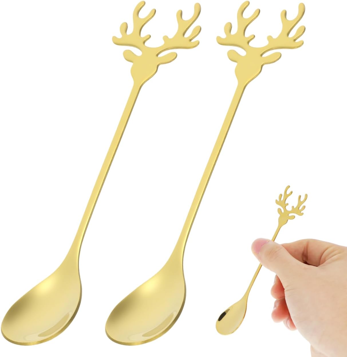Hemoton 2pcs Coffee Spoons Set Stainless Steel Gold Tea Spoons Stirring Spoons, Teaspoons, Dessert Spoon, Ice Cream Spoon with Reindeer Handle for Stirring, Metal Espresso Spoons 5.5 Inch