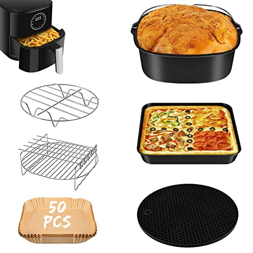 Juego de accesorios para freidora de aire, apto para todas las marcas de 5,5 L, paquete de 6 incluyendo cubo cuadrado para tartas/bandeja cuadrada para pizza/soporte de metal/alfombrilla de silicona