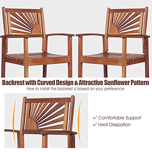 Costway Bar Stools Set Of 2, Outdoor Acacia Wood Bar Chairs With Sunflower Backrest, Curved Armrests & Breathable Seat, Ideal For Balcony, Sunroom, Patio, Easy Assembly #TOP6