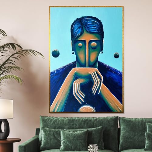 Portrait bleu abstrait et art facial moderne pour revitaliser un mur vide