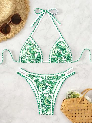 Image of BYFINECANY Women's Floral Printed Bathing Suit Halter Paisley Summer Swimsuit Bikinis Set