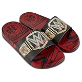 WWE Mens Championship Belt Slides - John Cena, Roman Reigns, Seth Rollins World Wrestling Champion Belt Slip On Slide Sandals (Red Black, 10)