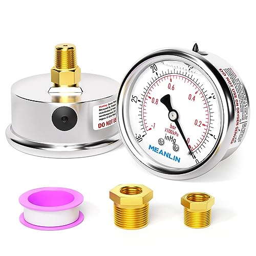Image of MEANLIN MEASURE -30inHG~0Psi Stainless Steel 1 /8 inch NPT 2.5 inch FACE DIAL Vacuum Pressure Gauge, Center Back Mount, with 1 /4 inch NPT and 3 /8 inch NPT Hex Bushing