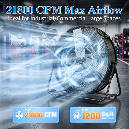 Image of LifePlus 36 inch Industrial Drum Fan, 21800 CFM 600W High Velocity 3-Speed Heavy Duty Metal Air Circulator with 360 Tilt, Casters Handle for Warehouse Factory workshops Patios Garage, Black