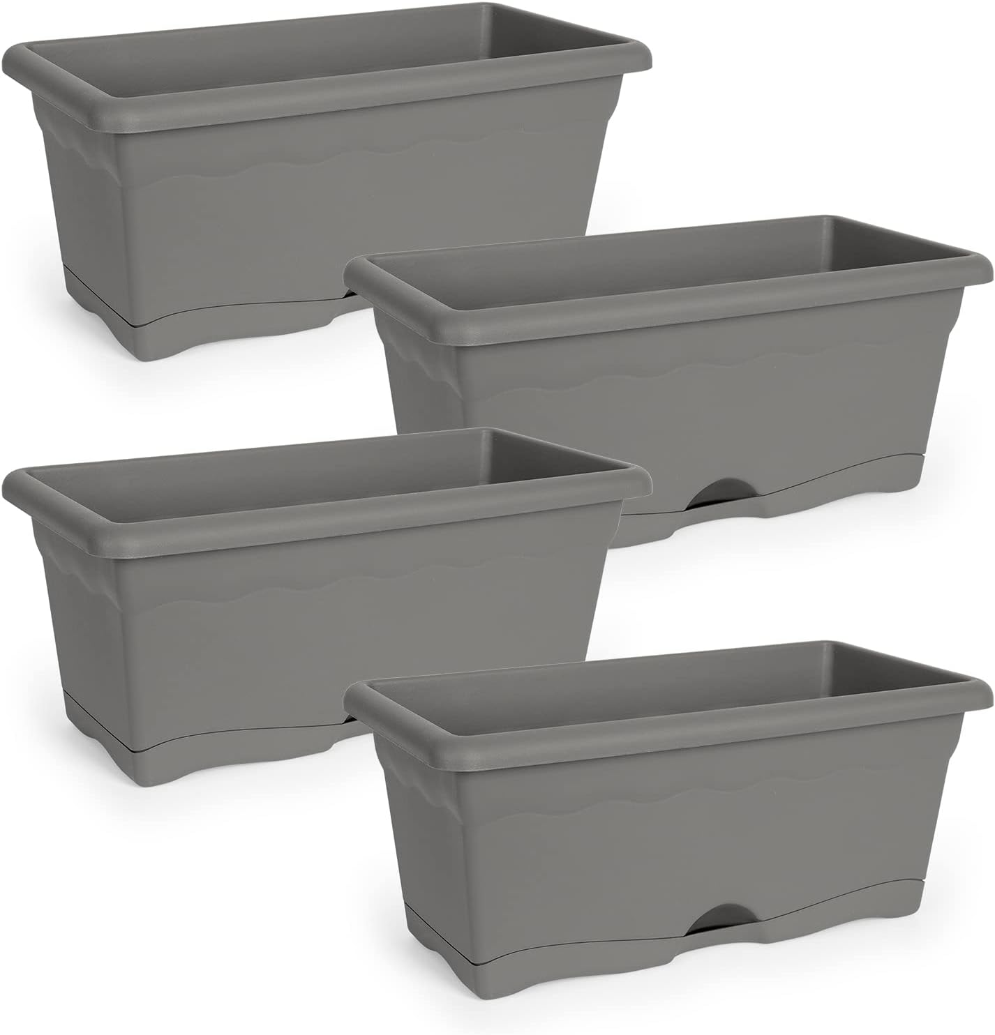 Lote de 4 Jardineras para Exterior y Balcón en Plástico PP con Agujeros de Drenaje y Plato Integrado (40 cm, Antracita)