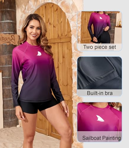 Womens Two Piece Long Sleeve Rash Guard Sets with Built in Bra Swim Shirts and Shorts UPF50+ Swimsuit3