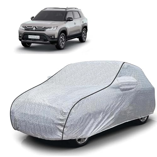 Image of Sulfar 100% Waterproof Car Body Cover Compatible with Mirror for Maruti Suzuki Breeza (Triple Stitched, Full Bottom Elastic, Magic Silver with Black Piping)