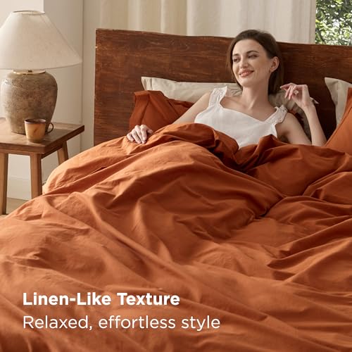 Bedsure 100% Washed Cotton Duvet Cover Queen Size - Burnt Orange Minimalist Cotton Duvet Cover Linen Like for All Seasons - GentleSoft™ Plain Simple Bedding (Burnt Orange, Queen, 90"x90")