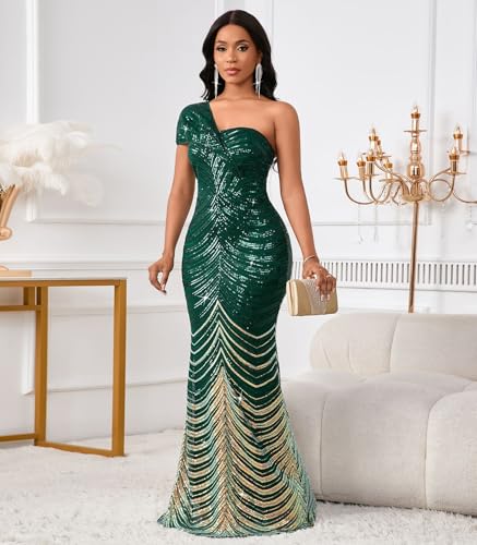 Image of Cololura Women Sexy Sequin One Shoulder Mermaid Formal Party Cocktail Gowns Bodycon Evening Maxi Dress