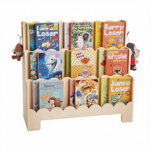 Image of VEVOR 3-Tier Montessori Bookshelf, Kids Scalloped Bookshelf, Wooden Toddler Bookshelf with 2 Hooks, Book Organizer Display for Bedroom, Playroom, Entryway, Nursury, Classroom