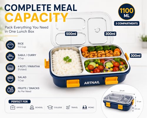 Image of 750ML Stainless Steel Bento Lunch Box |3 Compartments, Leakproof Tiffin Box with Spoon & Fork for School | Office & Travel