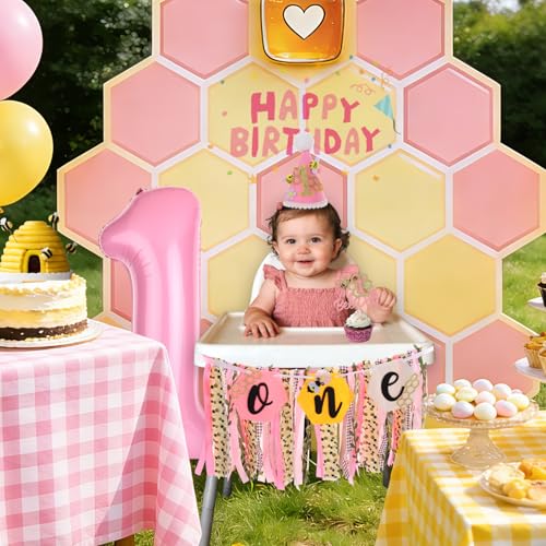Image of Happy 1st Bee Day Highchair Banner for Girls Birthday Party Decorations | Pink Bumble Bee High Chair Fabric Banner for Bee First Birthday High Chair Tassel Banner for Backdrop Decoration Photo Props