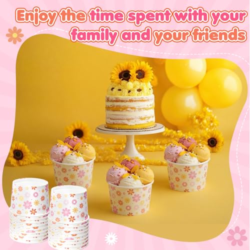 Image of Funnymoom 50 Pack Groovy Ice Cream Cups 9 oz Boho Daisy Disposable Dessert Bowls Flower Paper Soup Bowls Snack Cups for Hot or Cold Food Daisy Retro Hippie Baby Shower Wedding Birthday Party Supplies