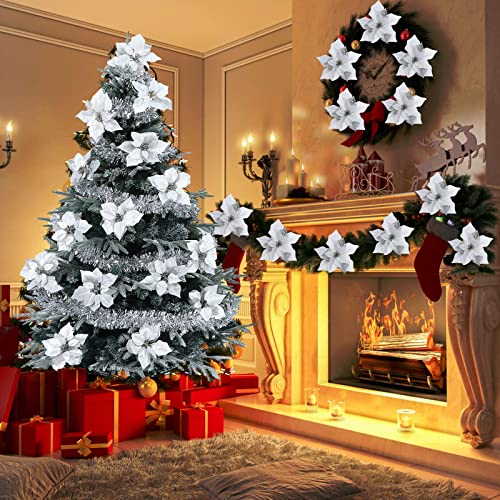 15 Pcs 8.7 Inch Artificial Poinsettia Flowers Christmas Glitter With Clips for Decorations Ornament (Shiny Silver)