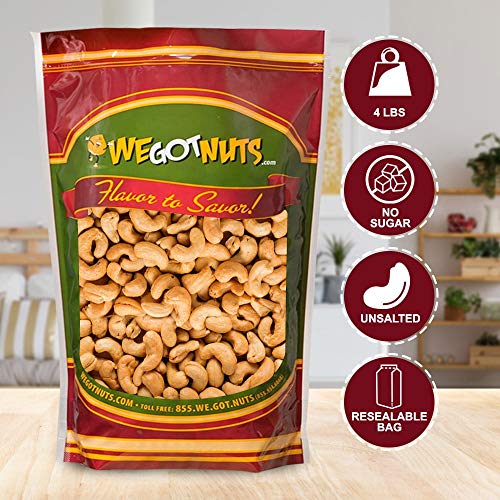 Dry Roasted Unsalted Cashews – Premium Quality Kosher Dry Roasted Cashews By We Got Nuts – No Oil Natural & Healthy Rich Flavor Snack – Gourmet Savory Flavor – Air-Tight Resealable Bag Package – 4 Lbs #TOP2
