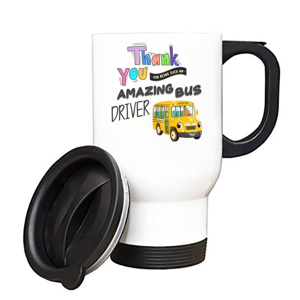 Getagift School Bus Driver Gift, Thank You for Being Such an Amazing Bus Driver, Appreciation Gift, Silver, White Insulated 14oz Travel Mug, Tea, Coffee Mug. (White)